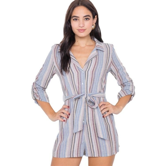 Lilac Taupe Cotton V-Neck Multi Stripe Short Rompe - Picture 1 of 4